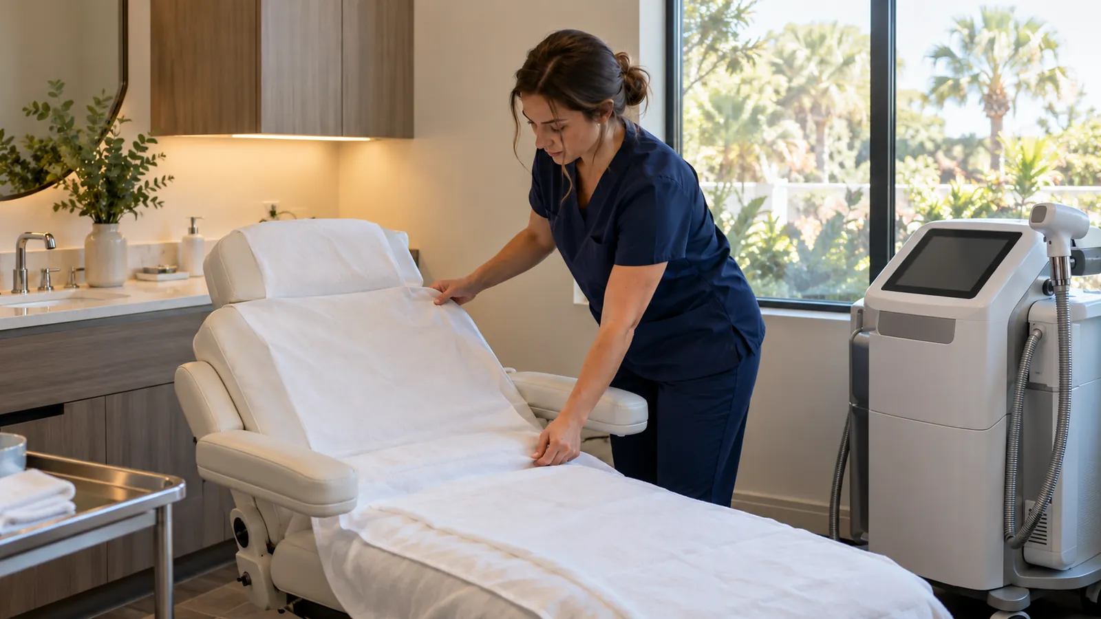 A nurse in navy scrubs prepares a treatment room with a reclining chair and a laser device in a clean, quiet med spa