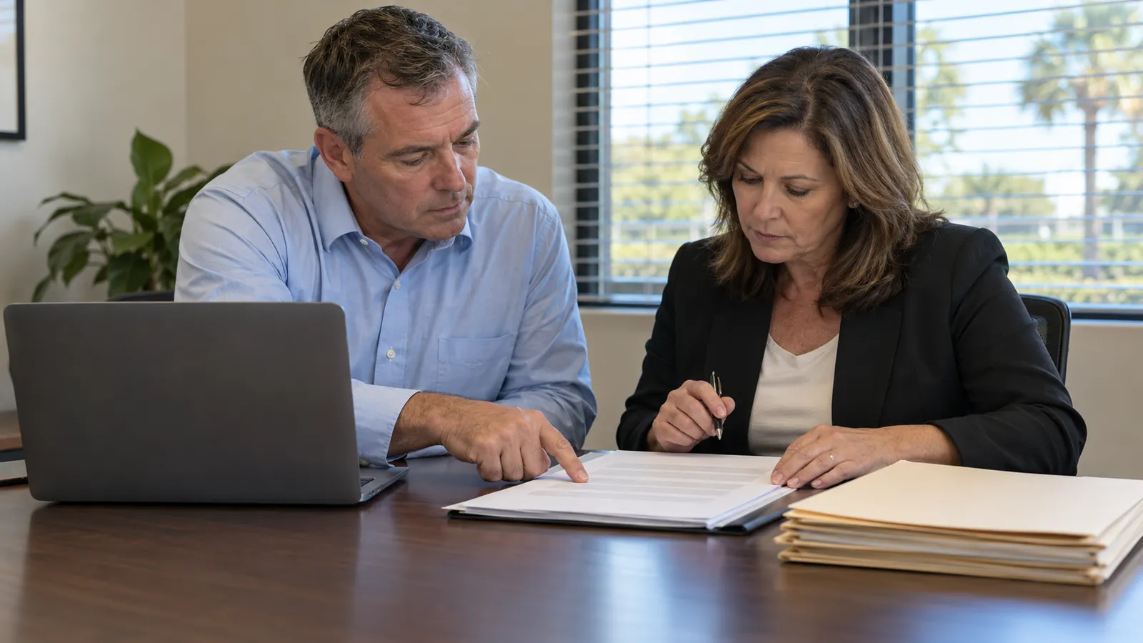 Two business owners sit across a conference table with a laptop and a stack of folders, talking through a document